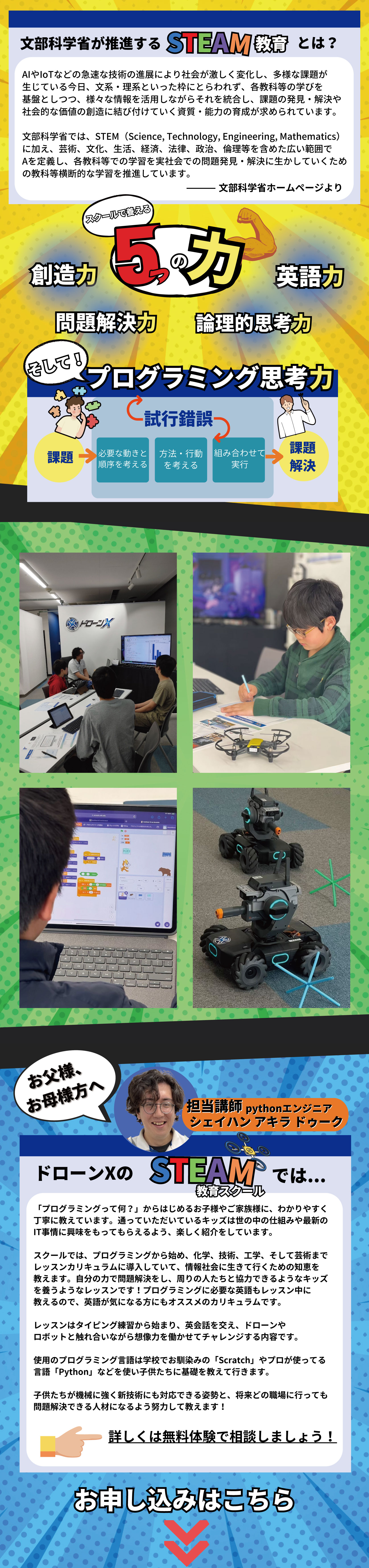 AIやIoTなどの急速な技術の進展により社会が激しく変化し、多様な課題が生じている今日、文系・理系といった枠にとらわれず、各教科等の学びを基盤としつつ、様々な情報を活用しながらそれを統合し、課題の発見・解決や社会的な価値の創造に結び付けていく資質・能力の育成が求まられています。文部科学省ではSTEM(Science、Technology、Engineering、Mathematics）に加え、芸術、文化、生活、経済、法律、政治、倫理等を含めた広い範囲でAを定義し、各教科等での学習を実社会での問題発見・解決にいかしていくための教科等横断的な学習を推進しています。ドローンXが目指すのはSTEAM教育です。AIやIoTなどの急速な技術の進展により社会が激しく変化し、多様な課題が生じている今日、文系・理系といった枠にとらわれず、各教科等の学びを基盤としつつ、様々な情報を活用しながらそれを統合し、課題の発見・解決や社会的な価値の創造に結び付けていく資質・能力の育成が求まられています。文部科学省ではSTEM(Science、Technology、Engineering、Mathematics）に加え、芸術、文化、生活、経済、法律、政治、倫理等を含めた広い範囲でAを定義し、各教科等での学習を実社会での問題発見・解決にいかしていくための教科等横断的な学習を推進しています。ドローンXが目指すのはSTEAM教育です。プログラミングの基礎を学ぶ為のレッスンプランをご用意しています！まずはプログラミング入門コース。1レッスン60分の8日間のコースです。入門できたらSTEAM教育スクール。月2回1レッスン90分のコースを用意しています。子供たちが機械に強く新技術にも対応できる姿勢と、将来どの職場に行っても問題解決できる人材になるよう努力して教えます！